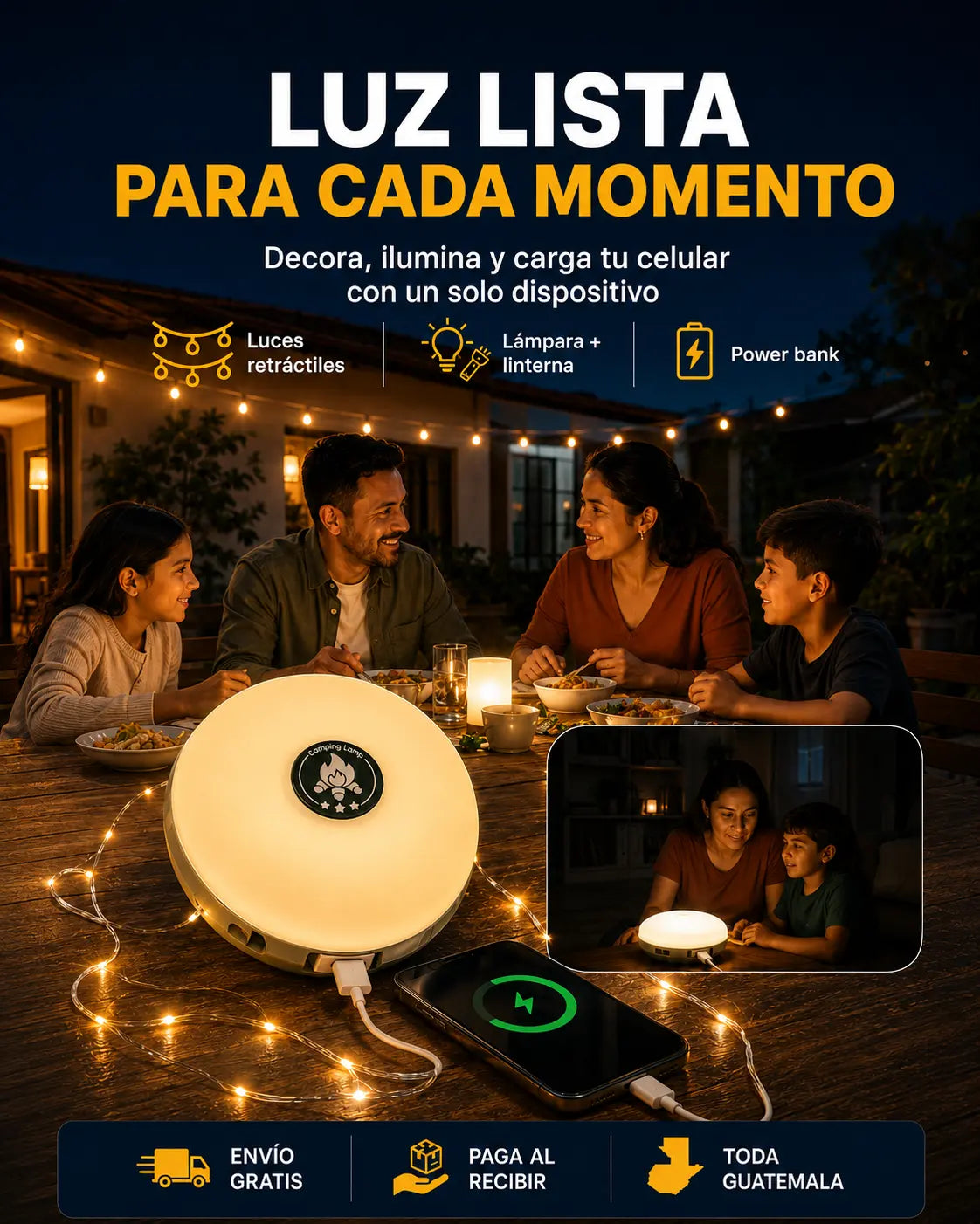 LumiMax™ | Luces LED retráctiles Multifuncional 4 en 1 para el hogar, emergencias y aventuras.